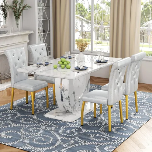 Vista 32 de Moderno juego de mesa de comedor de mármol sintético para 4, mesa de cocina rectangular blanca de 63 pulgadas con elegante base de pedestal