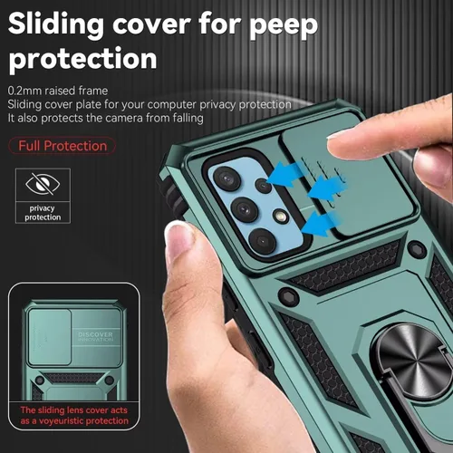 Vista 2 de Funda para Galaxy A32 4G, Samsung A32 4G SM-A325F con protector de pantalla de vidrio templado y cubierta de cámara deslizante, soporte de anillo