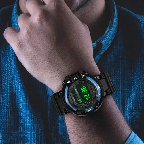 Vista 2 de Alarma militar digital LED de goma para hombre, reloj de fecha, impermeable, deportivo, de cuarzo, deportivo, deportivo, para teléfono