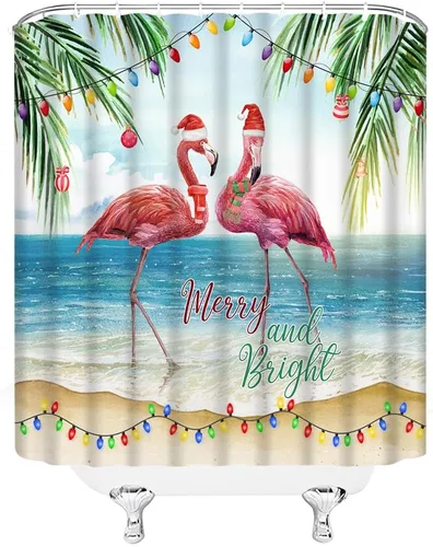 Vista 3 de Cortina de ducha de flamenco de Navidad, pájaro tropical, pino, sombrero de Papá Noel, Año Nuevo, decoración de baño, juego de decoración de baño