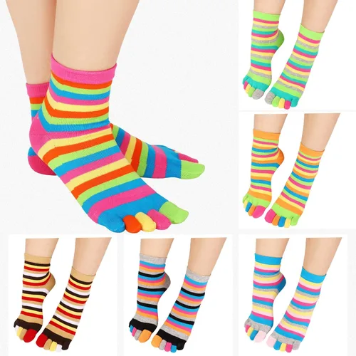 Vista 6 de Xtinmee 12 pares de calcetines de dedo completo arco iris, calcetines de algodón con dedos separados, calcetines de rayas para mujer