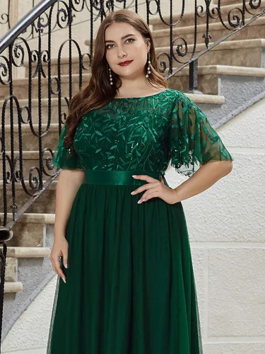 Vista 5 de Ever-Pretty Vestido de fiesta de noche de tul con lentejuelas y cuello redondo de talla grande para mujer 0904-PZ