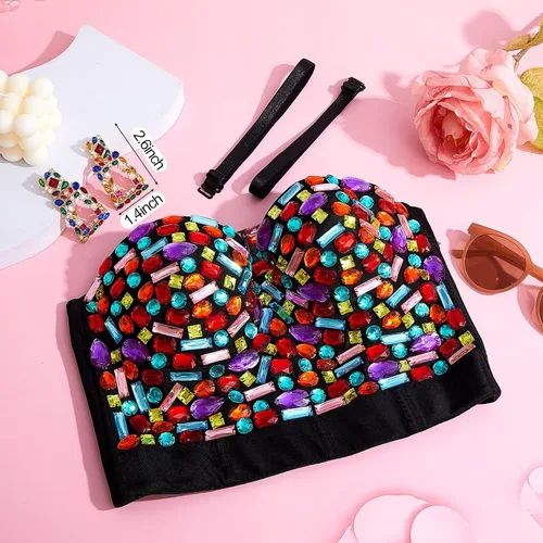 Vista 3 de Rhinestone Push up Bra Clubwear Colorful Beaded Bustier Crop Top Bra Crystal Rectangle Dangle Earrings, Run Small 1 or 2