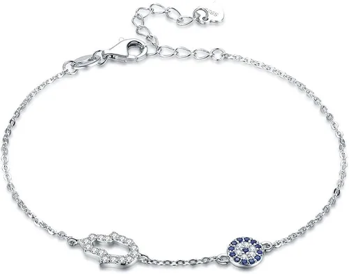 Vista 6 de Hamsa Hand of Fatima Evil Eye Bracelet Sterling Silver 925 Blue Cubic Zirconia Chain Adjustable 6.5"+1.5" Oro de 18 quilates