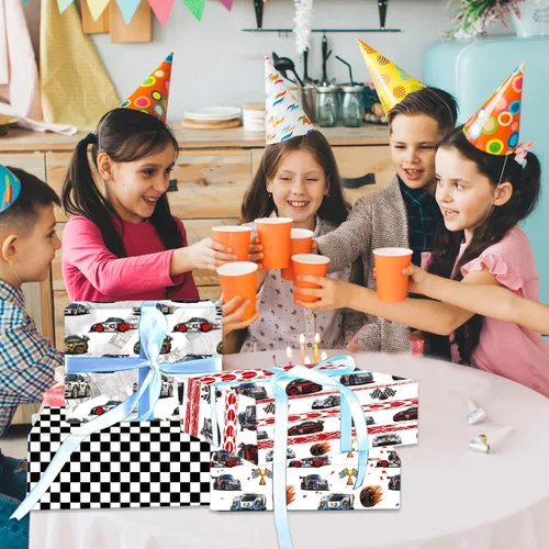 Vista 7 de Mpanwen Papel de regalo de auto de carreras para niños y niños, 12 hojas de papel de regalo de carreras para Navidad, cumpleaños, vacaciones, 20 x