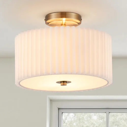 Vista 14 de VONLUCE Lámpara de techo semiempotrada de 12.2 pulgadas, moderna lámpara de techo de 2 luces con pantalla de tambor plisada blanca, 2 enchufes E26