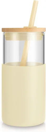 Vista 23 de Tronco Vaso de vidrio de 28 onzas con tapas y pajilla, taza reutilizable para café helado y vaso para batidos con tapa de bambú, funda de silicona