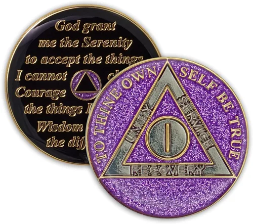 Vista 7 de Moneda de sobriedad de 1 año Ficha de aniversario de recuperación de chip AA con purpurina (aguamarina) Glitter Sparkle Alcoholics Anonymous 24k
