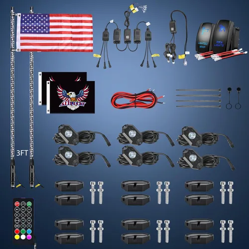 Vista 9 de Nilight 2 luces LED RGB de 3 pies con base de resorte y 4 luces de rock, control remoto de aplicación con patrones de persecución de bricolaje