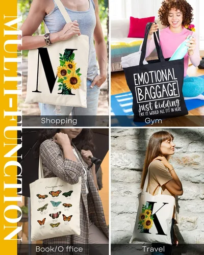 Vista 7 de AUSVKAI - Bolsa de lona estética para mujer, linda inicial de girasol con monograma de moda personalizada para el cumpleaños, bolsas de tela