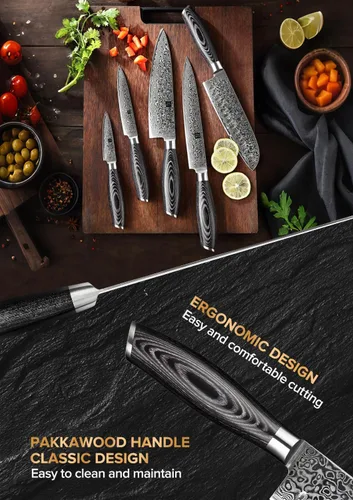 Vista 4 de XINZUO Cuchillo de cocina de 5 piezas, juego de cuchillos de chef profesional de acero de Damasco súper afilado con mango de madera de Pakkawood