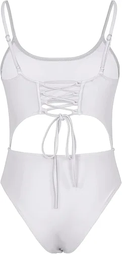 Vista 5 de Meyeeka Monokini con cuello redondo para mujer, parte delantera de encaje, corte alto, una pieza
