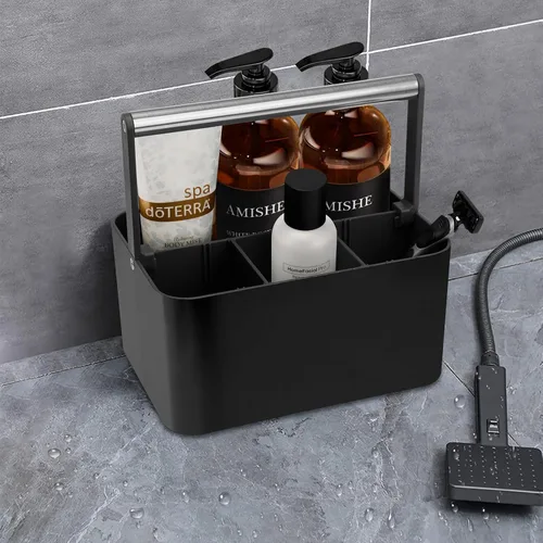 Vista 5 de BYUNER Organizador de Ducha Negro Portátil: Organizador de Baño de Plástico para Encimera, Organizador de Limpieza con Asa, Cesta de Ducha Rígida