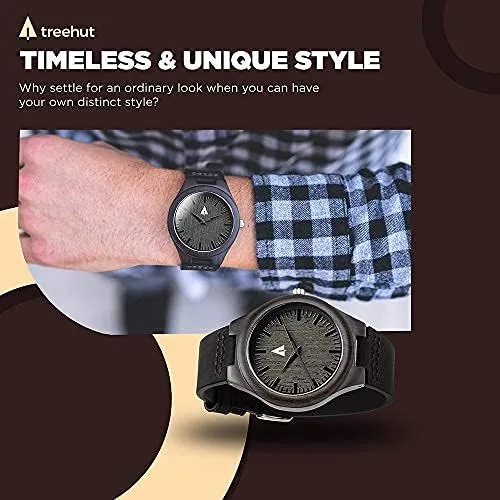 Vista 4 de treehut Reloj de madera de ébano para hombre con correa de cuero negro genuino..., Negro Natural 4, Reloj de cuarzo