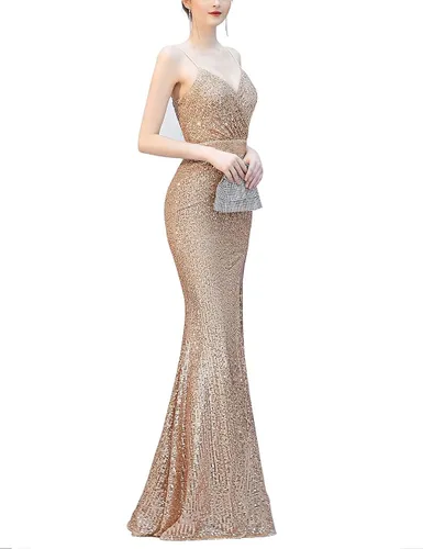 Vista 4 de A ARFAR Vestido de fiesta para mujer, con tirantes esfagetti, vestido de fiesta de lentejuelas, sexy, con cuello en V, formal, vestido largo