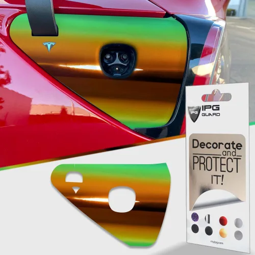 Vista 8 de IPG para Tesla Model 3/Y - Adhesivos de tapa de carga 2021-23 - Juego de pegatinas DIY - Aluminio cepillado oscuro