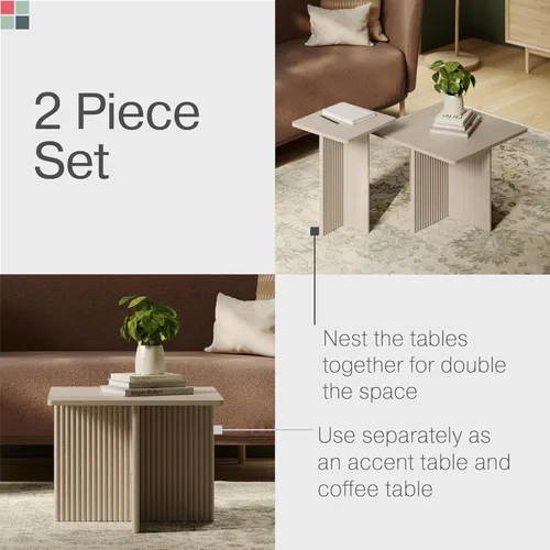 Vista 4 de Stead Juego de mesa auxiliar cuadrada anidable, mesa central con base de roble acanalado para sala de estar, juego de conjunto de chapa de grano