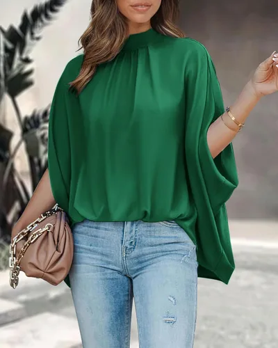 Vista 87 de BTFBM Blusas de verano para mujer, cuello alto falso, manga murciélago, holgadas, dobladillo alto y bajo, blusas informales de gran