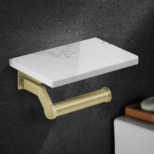 Vista 10 de Soporte de papel higiénico de aluminio negro mate Hoimpro con estante de mármol natural blanco, soporte de almacenamiento de rollo de papel de mano