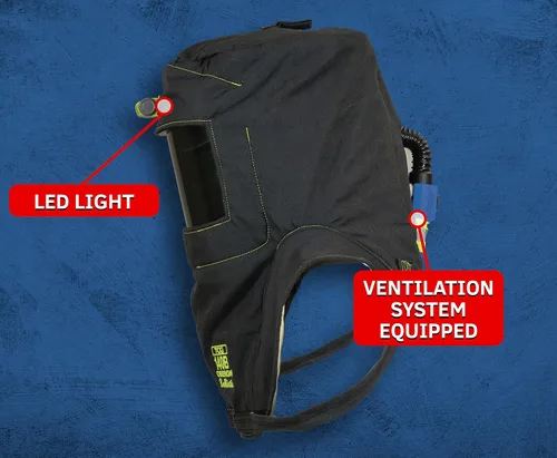 Vista 4 de Oberon Kit de traje Arc Flash - 140 Cal - Incluye capucha, abrigo, babero, sistema de ventilación y luz - Serie TCG