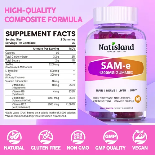 Vista 3 de SAM-e con gomitas de L-tirosina, complejo B metilado y NAC, suplemento SAM e de 1200 mg, folato de metilo y B12, para alivio del estrés y apoyo