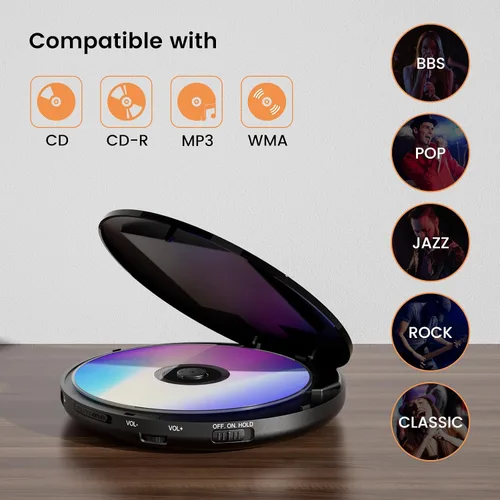 Vista 3 de Reproductor de CD portátil con auriculares, reproductor de CD recargable Hernido para automóvil, Walkman de CD compacto con 5 sonidos