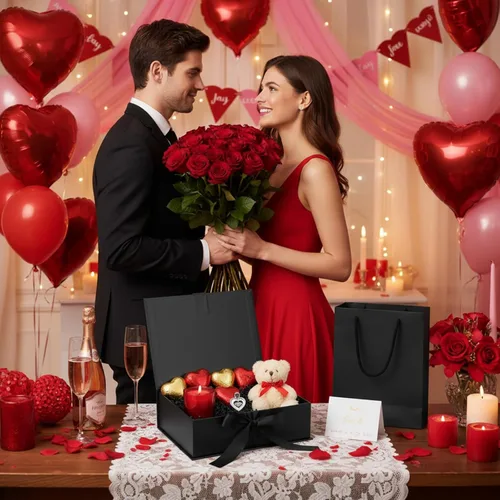 Vista 8 de Zonon - Caja de regalo de lujo color negro y rosa con tapa y cinta, bolsa de regalo de 9 x 7 x 3 pulgadas, con tarjeta de felicitación, papel