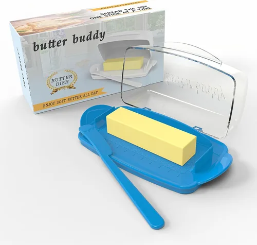 Vista 10 de Mantequilleras con tapa para encimera y refrigerador, plato de mantequilla de plástico transparente con tapa abatible y esparcidor, recipiente