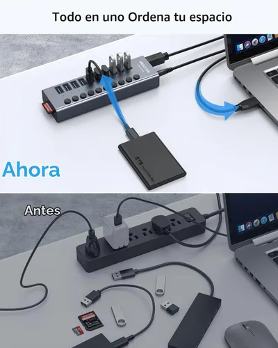 Vista 5 de Hub USB 3.0 alimentado, Wenter 10 puertos 36 W alimentado USB Hub, divisor USB de aluminio con interruptores individuales de encendido/apagado