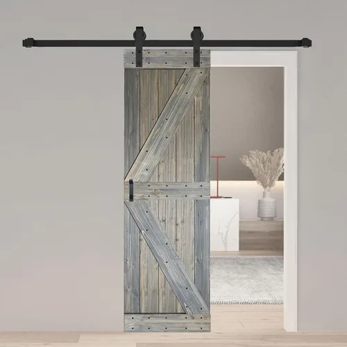 Vista 14 de Serie K. Puerta corredera de granero de madera maciza acabada con kit de herrajes (marrón/nogal, 24 x 84 pulgadas)