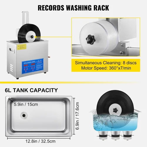 Vista 6 de VEVOR Limpiador sónico, limpiador ultrasónico de vinilo de 6 litros de 7 a 12 pulgadas, máquina de limpieza de vinilo ultrasónico de 8 registros