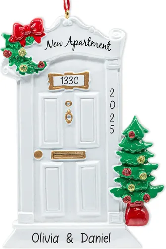 Vista 15 de Adorno de Navidad personalizado para el nuevo hogar 2026 Puerta negra con cinta de purpurina recuerdo único para el árbol de Navidad – Primer año