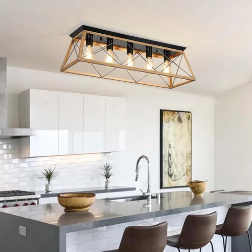 Vista 2 de 31.5" Flush Mount Ceiling Light Fixture, 5-Light Vintage Industrial Cage Chandelier for Dining Room, Kitchen Island, Living Room, Dimmable Semi