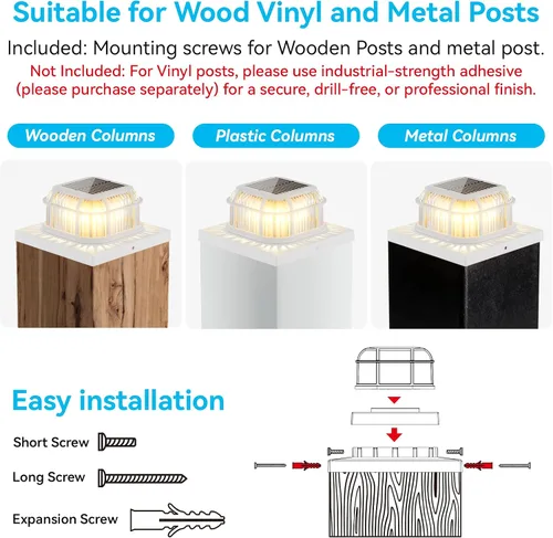 Vista 5 de Paquete de 6 luces solares para poste con base de 4 x 4, 5 x 5 y 6 x 6 pulgadas para postes de vinilo/madera, 16 LEDs brillantes luces solares
