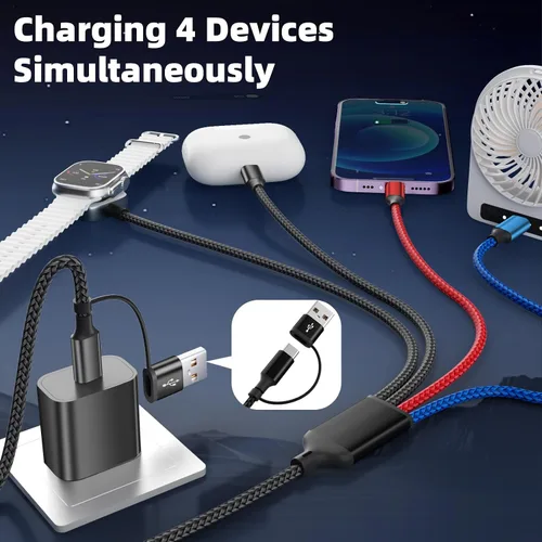 Vista 4 de Cruise Essentials Cable de Carga 4 en 2 para Cargador Apple iWatch/iPhone 17/Lightning/Micro, Cable Cord de Carga Múltiple de Viaje Compatible