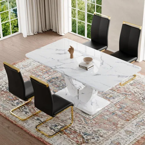 Vista 107 de JUFU Juego de mesa de comedor moderno para 4, juego de mesa de cocina rectangular de 63 pulgadas con mesa de mármol sintético y 4 sillas tapizadas