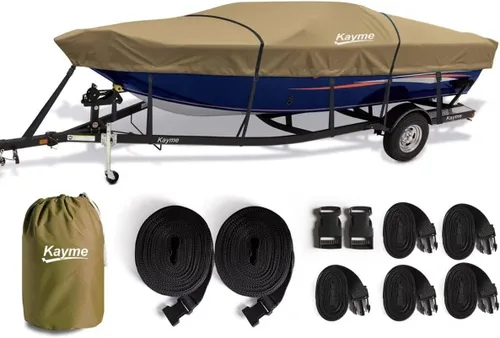 Vista 14 de Kayme Cubierta de lancha resistente 1200D para barcos de 14 a 16 pies, impermeable, resistente al desgarro con correas reforzadas al viento, ideal