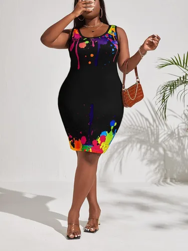 Vista 5 de OYOANGLE Vestido de verano sin mangas con estampado de verano para mujer, cuello redondo, ajustado, corte entallado