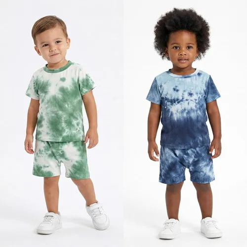 Vista 2 de Conjunto de ropa para bebés y niños pequeños, 4 piezas, camisa y pantalones cortos de algodón teñido anudado para verano, paquete de 2