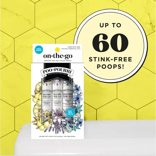 Vista 6 de Poo-Pourri Before-You-Go Spray para Inodoro, Artículos Esenciales de Viaje, 0.34 Fl Oz, Variedad In A Pinch Paquete de 3, Cada Uno Hasta 20 Usos