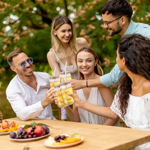 Vista 7 de Gerrii 4 vasos para beber de 16 onzas con tapas de bambú y pajita, vasos de café helado de cerveza con margaritas para cafetería, campamento