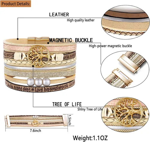 Vista 5 de Pulseras inspiradoras de cuero del árbol de la vida para mujeres, cumpleaños, día de la madre, regalos de joyería para adolescentes y niñas