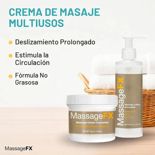 Vista 6 de MASSAGE FX Crema de masaje sin perfume, 4 onzas, cremas de masaje para terapia de masaje, infundidas con árnica, girasol y vitamina E