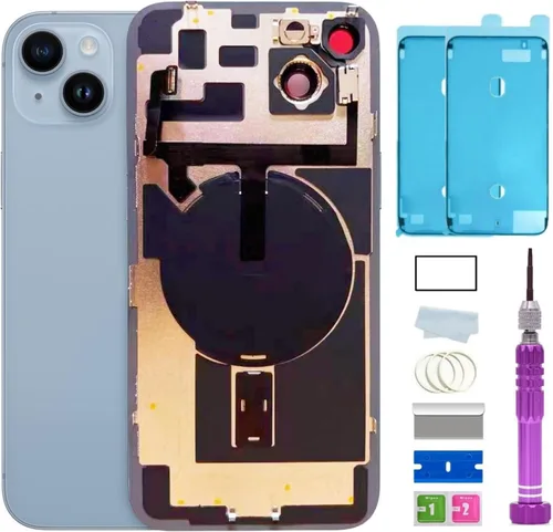Vista 23 de Reemplazo de vidrio trasero de 14 pulgadas con placa y cable flexible y todas las piezas para iPhone 14 (azul, 6.1 pulgadas) + cinta impermeable +