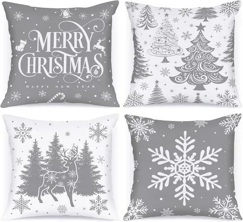 Vista 19 de Lanpn Juego de 4 fundas de almohada de Navidad negras de 12 x 12 pulgadas, fundas de almohada decorativas de invierno, cojín de árbol de Navidad