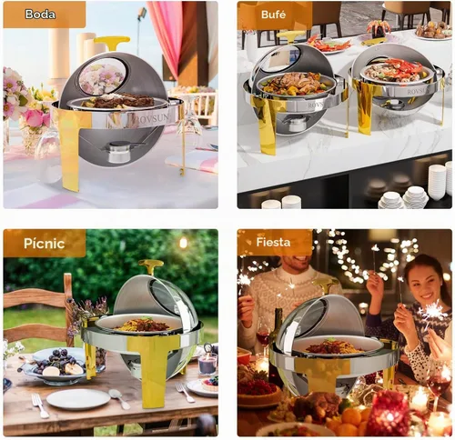 Vista 2 de ROVSUN Platos de Roce con Parte Superior Enrollable para Buffet 6QT, Juego de Platos de Roce Redondos de Acero Inoxidable para Buffet, Juego