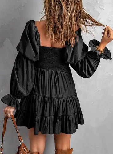 Vista 2 de Dokotoo Vestidos de primavera y verano 2025 para mujer, elegantes, con hombros descubiertos, cuello en V, manga larga, con volantes, mini vestidos