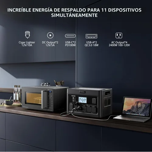 Vista 4 de Estación de energía portátil de 2400 W, 1843 Wh, generador solar LiFePO4, UPS para el hogar, batería de reserva de energía con 4 salidas de CA