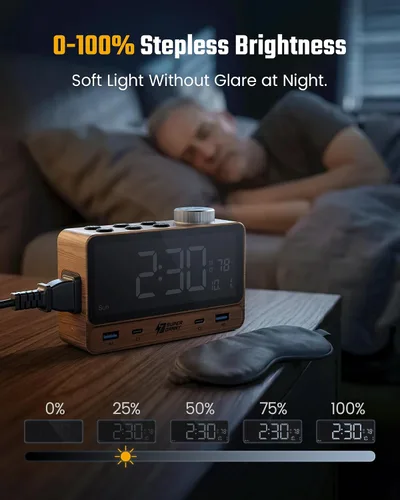 Vista 15 de SUPERDANNY Reloj despertador con PD de 20 W, 4 puertos USB, tira de alimentación de 2 tomas de CA, relojes despertadores digitales para dormitorios