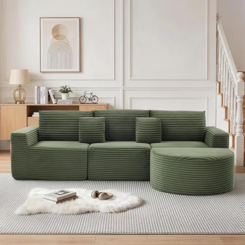 Vista 14 de Korser Sofá modular en forma de L de 110 pulgadas con diván, sofá modular de pana esponjosa con asiento profundo y bolsillos laterales, cómodos Beige